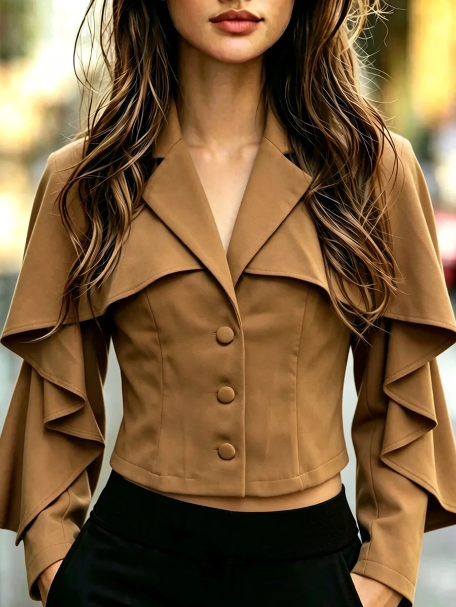 SHEIN جاكيت نسائي فاخر بلون الكراميل الفرنسي مع تصميم شال مكشكش وياقة على شكل حرف V وخصر ضيق وأزرار مفردة بأسلوب فرنسي ناعم - كاكي - مشاهدة 1