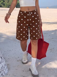 SHEIN PETITE 女款波點圖案口袋休閒百搭牛仔短褲 - 棕色 - 查看 1