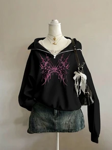 Attitoon 女款小碎花黑色寬鬆半拉鍊高領薄款運動衫套頭衫，加厚材質，適合秋冬加厚運動衫 - 黑色 - 查看 1