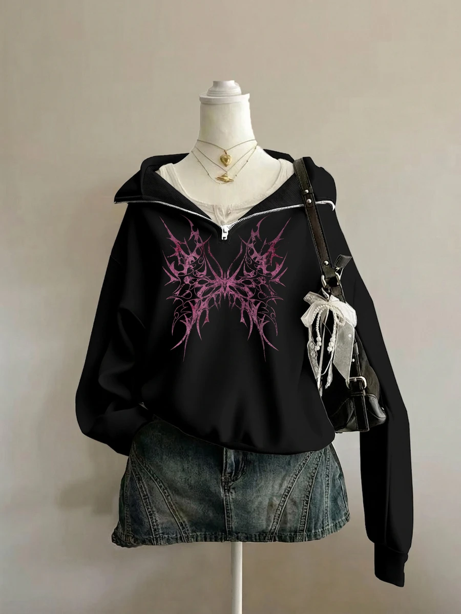 Attitoon 女款小碎花黑色寬鬆半拉鍊高領薄款運動衫套頭衫,加厚材質,適合秋冬加厚運動衫 - 黑色 - 查看 1