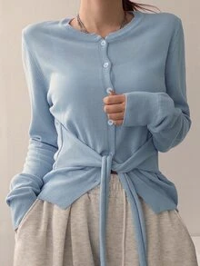 DAZY Women's Solid Color Sweet Button Tie Long Sleeve Knit Cardigan Fall - Blue - View 6