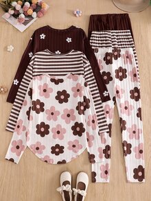 SHEIN Girls' 3-Color Bowknot Floral Colorful Ribbed Large Flower Print Ribbed Fuzzy Set, Comfortable Versatile Fashion, Suitable For Outings, Walks And Other Occasions, Suitable For All Seasons - Multicolor - View 2