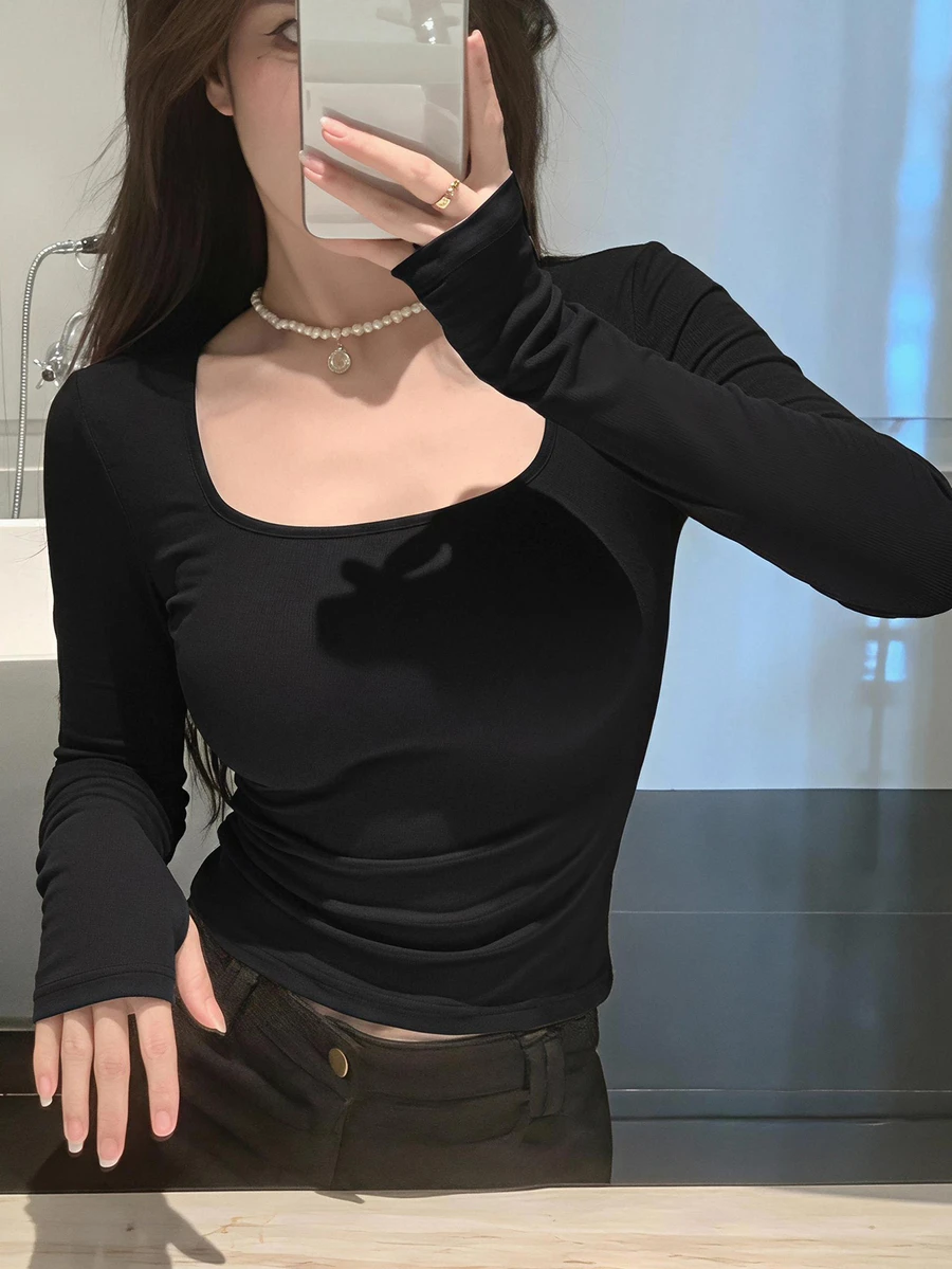 DAZY 女款方領修身 T-shirt 性感風格 秋季 - 黑色 - 查看 1