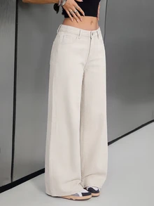 Jeanoix Petite Y2K Women's Solid Color Button Pocket Loose Fit Denim Jeans - Apricot - View 3
