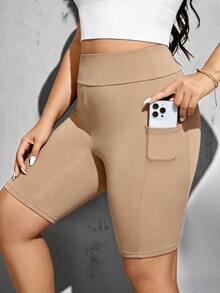 Shapeblank Plus Size Solid Color Butt-Lifting Waist-Cinching Pocket Tight-Fitting Shorts - Khaki - View 2