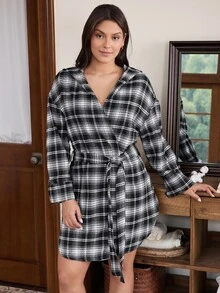 Doze Lane Jubah Wanita Ukuran Besar Berkerudung Ultra Lembut Motif Kotak-kotak, Pakaian Santai Kasual Tropis, Jubah Panjang untuk Tidur Malam, Hitam dan Putih, Musim Gugur - Hitam dan Putih - View 4
