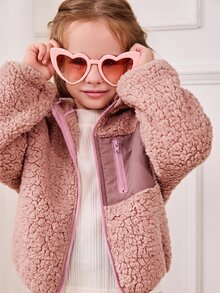Cozy Pixies 女童厚實泡泡抓絨撞色連帽長袖開襟外套 - 淺粉色 - 查看 3