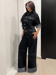 Jeanoix 女款多功能口袋單排扣休閒牛仔夾克 - 黑色 - 查看 3