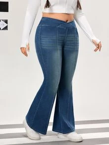 Jeanoix Plus Size Women's Asymmetrical Waist Casual Flare Jeans - Blue - View 6
