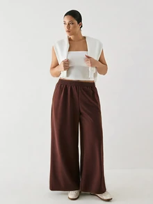 YARNWELL Plus Size Elastic Waist Loose Sweatpants With Pockets - Coffee Brown - View 9
