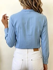 EMERY ROSE Plus Size Women's Notch V-Neck Single-Breasted Casual Denim Shirt - Blue - View 3