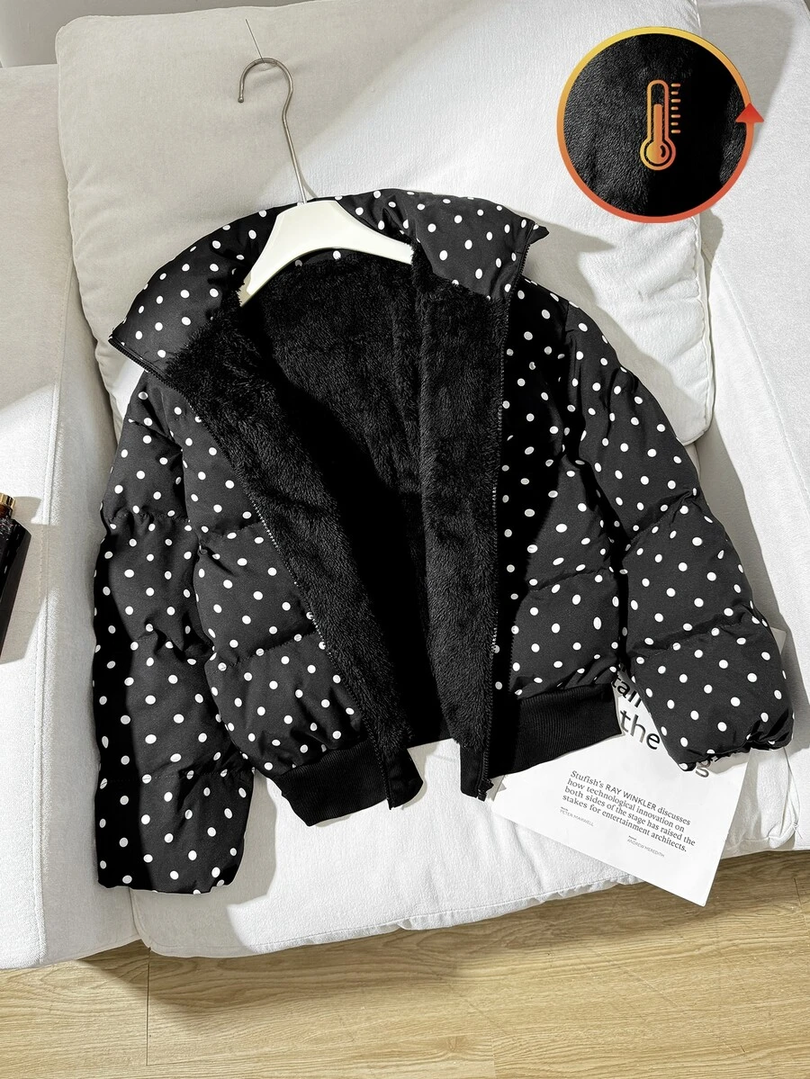 SHEIN 青少年女孩黑色波點寬鬆短版立領鋪棉保暖冬外套 - 黑色 - 查看 1