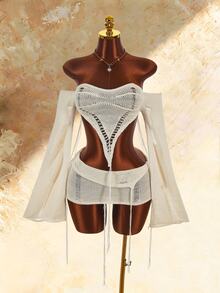 Amplova Women's Knitted 2 Pieces Set Long Sleeve Vintage Distressed Sexy Casual - Apricot - View 8
