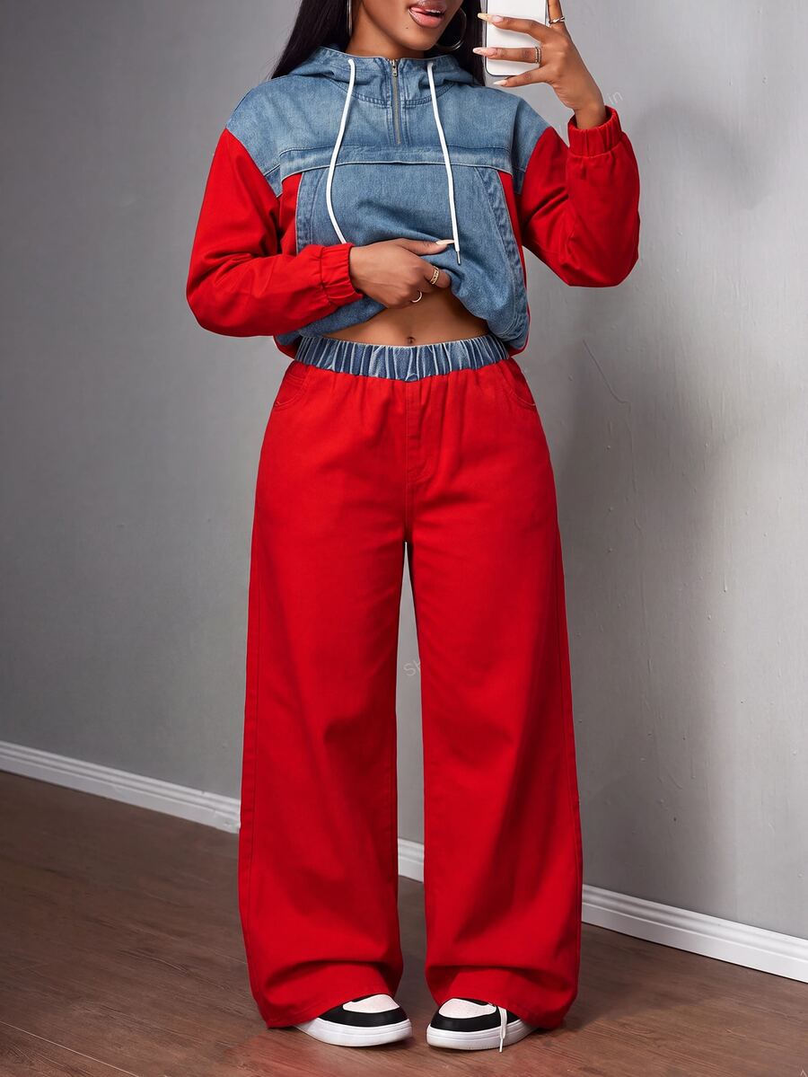 Slaydiva Setelan 2 Potong Wanita Ukuran Plus: Sweatshirt Berkerudung dengan Resleting dan Celana Jeans Lebar, Pakaian Kasual Longgar dengan Kombinasi Warna untuk Musim Gugur - Blue and White - View 1