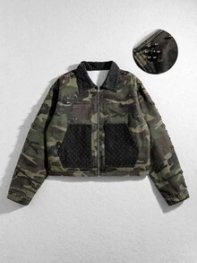 ROMWE MEN 男士迷彩圖案長袖前開拉鍊牛仔夾克 - 軍綠色 - 查看 8