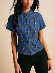 Poéselle 女款短袖拉鍊與鈕扣前開襟牛仔上衣 - 中等水洗藍 - 查看 5