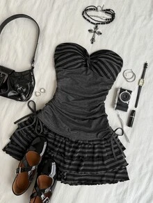 Attitoon Women's Patchwork Striped Knot Design Bandeau Top And Tiered Skorts Set - Grey - View 5