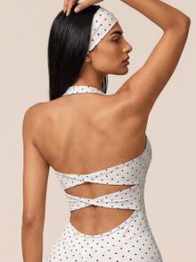 SHEIN BAE Women White Polka Dot Backless Athletic Jumpsuit Gym Workout Training Running Yoga Sports Bodysuit - White - View 6