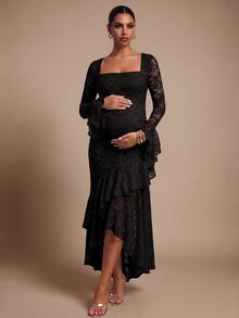 MaterniChic Elegant Solid Color Lace Ruffle Maternity Party Dress Fall - Black - View 1