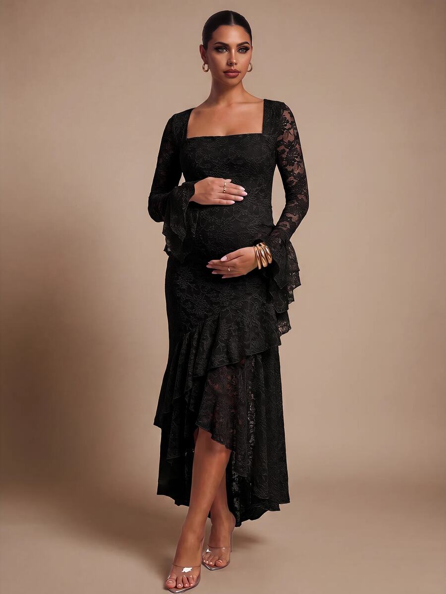 MaterniChic Elegant Solid Color Lace Ruffle Maternity Party Dress Fall - Black - View 1