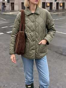 Struktiv Nordic Casual Style Solid Color Thin Loose Mid-Length Commuter Padded Coat - Olive Green - View 5