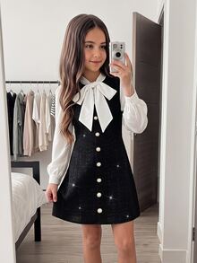 Tween Girl Collar Patchwork Kids Color Fashion Vacation Travel Autumn Dress - Black - View 6