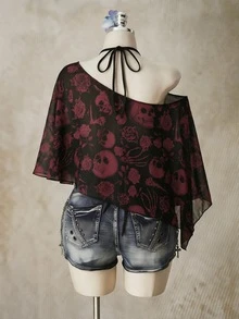 SHEIN ICON 大尺碼女款不對稱骷髏與玫瑰印花上衣 - 彩色 - 查看 2