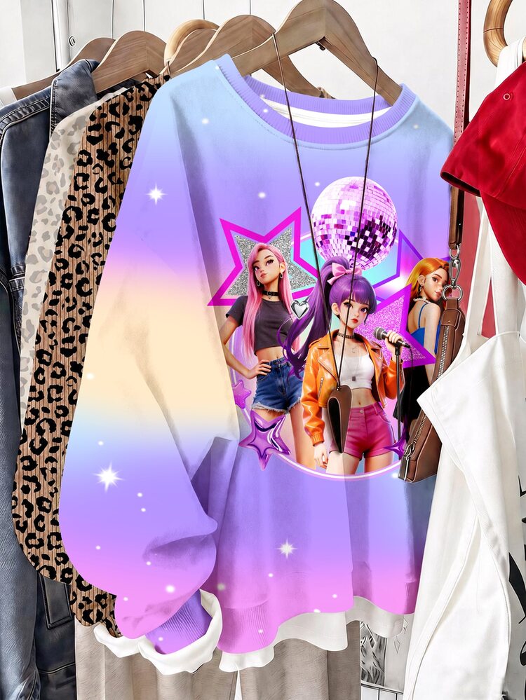 Purple Colorful Gradient Print, Star & Diamond Dreamy Pattern, Young Girl Casual Minimalist Thick Soft Comfortable Crew Neck Pullover Sweatshirt, Suitable For Autumn/Winter, Y2K, Outings, Street Style - Multicolor - View 4