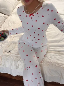 CottageSlumber Women's Heart Polka Dot Print Round Neck Waist Bow Fitted Base Layer Pajama Set - White - View 7