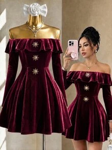 Fine & Folde Autumn/Winter Party Gathering Long Sleeve Ruffle Ruched Waist A-Line Velvet Fabric Birthday Date Vacation Gentle Elegant French Vintage Style Ruffle Ruffle Single-Breasted Ruched Waist Short Dress - Burgundy - View 3
