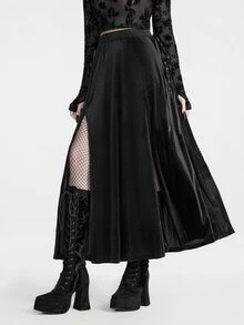 Breakform Gothic Halloween Women's Black Draped Pleated Texture High Waist, Double Side High Slit Design, Dark Punk Daily Solid Color Skirt - Black - View 5
