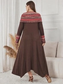 Lacomfia Autumn/Winter Elegant Casual Print Patchwork Ruched Neck Loose Fit Versatile Knit Textured Plus Size Women's Long Dress - Multicolor - View 2