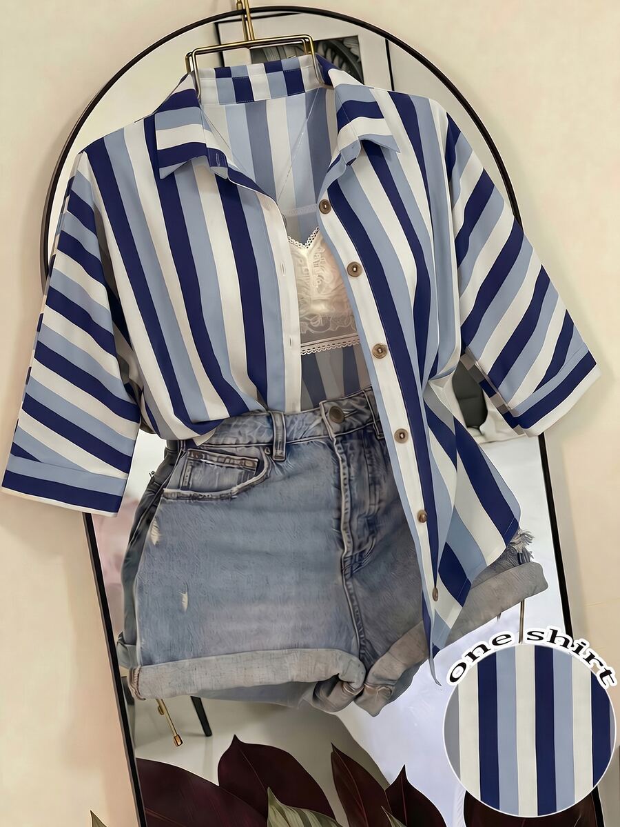SHEIN Franclia 女款韓系街頭風單排釦條紋襯衫 - 藍色 - 查看 1
