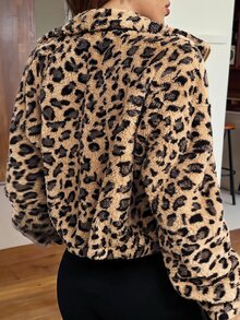 SHEIN EZwear Autumn/Winter Fashion Retro Leopard Print Plush Loose Jacket - Khaki - View 2