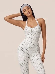 SHEIN BAE Women White Polka Dot Backless Athletic Jumpsuit Gym Workout Training Running Yoga Sports Bodysuit - White - View 10