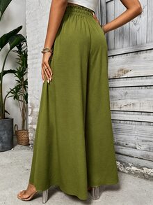 SHEIN Holidaya 女款純色荷葉邊腰部綁帶休閒寬腿褲 - 軍綠色 - 查看 2