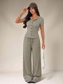 SHEIN PETITE 女款休閒深綠色前開襟短袖上衣與寬腿褲兩件套，春夏套裝，舒適居家旅行穿搭 - 軍綠色 - 查看 4