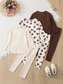 SHEIN Young Girls Bow T-Shirt Set, New Fall Looks, Autumn, Winter, Back To School Autumn/Winter Basic Base Set, Multi-Piece - Brown - View 2