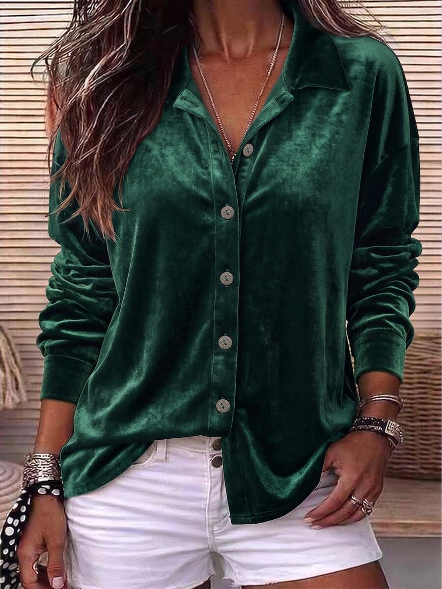 Holdful Holdful Fall Clothes FOR WomenWomen's Solid Color Single-Breasted Casual Versatile Daily Wear Shirt - Dark Green - View 1