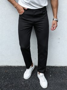 Manfinity Mode 男士純色通勤休閒商務優雅長褲，斜口袋西裝長褲，百搭禮物，適用婚禮、商務、辦公、婚前拍照，黑色，秋季 - 黑色 - 查看 6