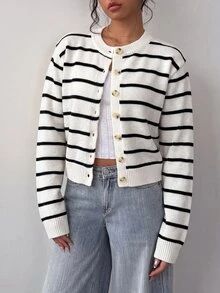 SHEIN 青少年女孩/小女孩休閒長袖黑白條紋開襟衫，秋冬服飾，條紋 - 白色 - 查看 12