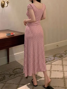 DAZY 碎花荷葉邊收腰長款女式睡袍 - 粉色 - 查看 2