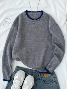 Tween Girl Autumn/Winter Fashion Commute Round Neck Colorblock Pullover Loose Drop Shoulder Long Sleeve Sweater, Suitable For Back To School - Light Grey - View 3