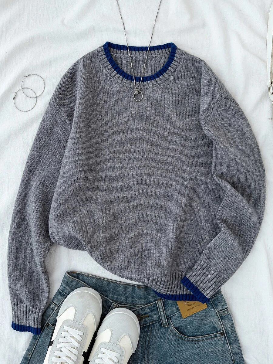 Sweater Pullover Lengan Panjang Longgar dengan Leher Bulat dan Bahu Jatuh untuk Anak Perempuan Remaja Musim Gugur/Dingin, Cocok untuk Kembali ke Sekolah - Light Grey - View 1