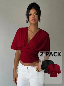 Aloruh 2件組女款深V領抓皺短袖上寬下窄修身T恤上衣 - 彩色 - 查看 2
