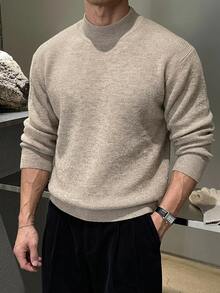 DAZY Spring/Autumn Khaki Marled Semi-High Round Neck Long Sleeve Cuffed Hem Men's Sweater - Khaki - View 6