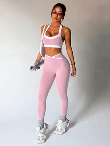 Women's Colorblock Trim Backless Halter Neck Cropped Top & Leggings Sports Set - Pink - View 6