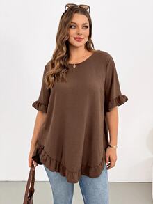 Shapeblank Plus Size Vintage Ruffle Trim Asymmetrical Hem Blouse - Mocha Brown - View 3
