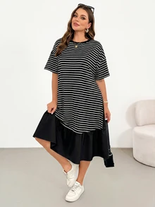 Shapeblank Plus Size Summer Casual Striped Patchwork Dress - Black and White - View 4