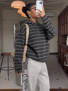 Muchica 休閒極簡風大學風黑白條紋滿版印花女款輕量運動衫，適合秋冬穿著 - 彩色 - 查看 5